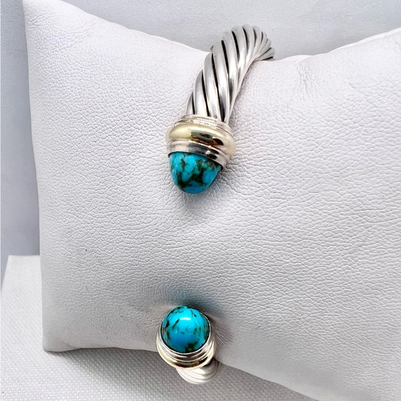 David Yurman Sterling Silver & 14K Gold Turquoise Cable Bracelet - Picture 9 of 14